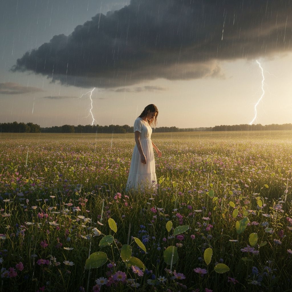 Woman in Wildflower Field Under Summer Rain