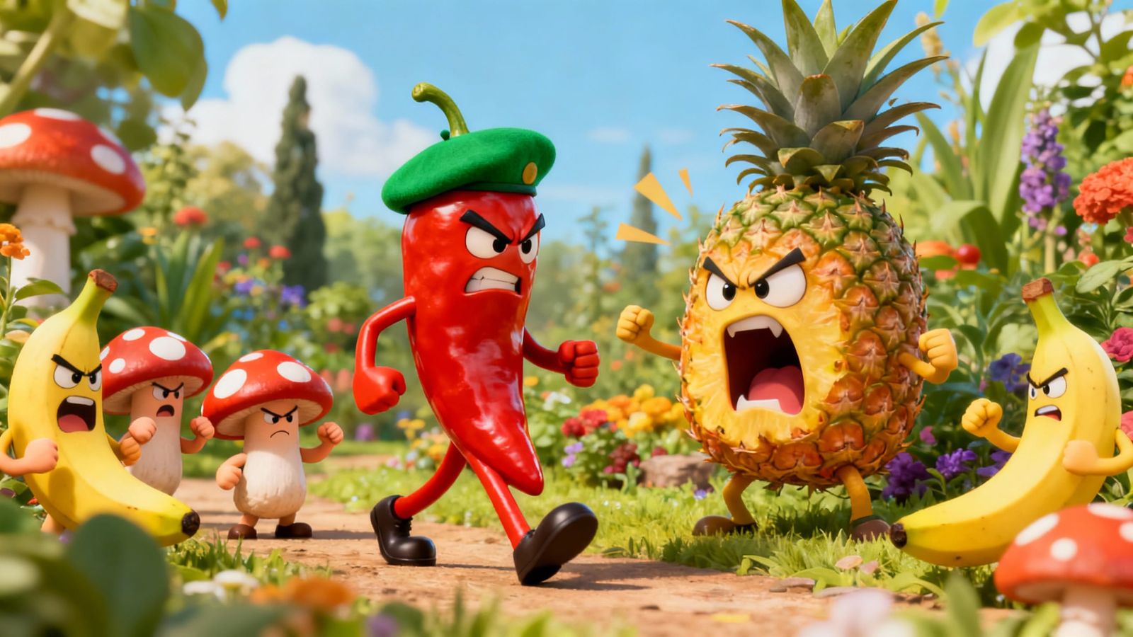 Angry Chili Pepper Confronts Mushrooms and Bananas in Garden