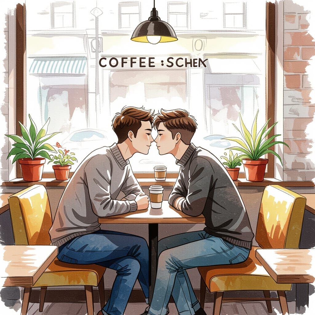 Gay Couple's Romantic Cafe Kiss: Ink Wash Art