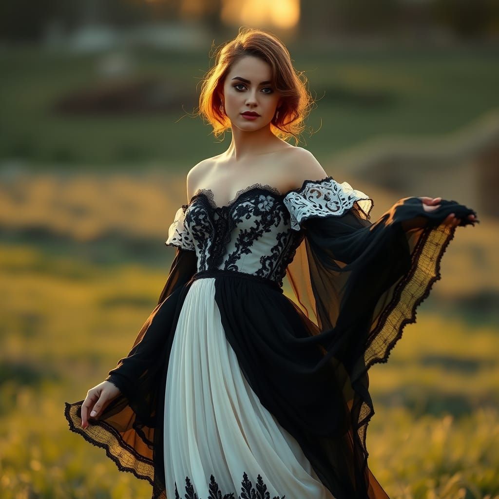 Ethereal Woman in Elegant Black and White Pantothenic Gown