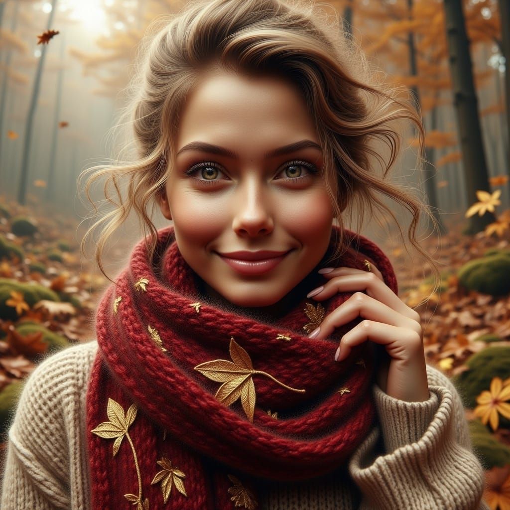 Hyperrealistic Portrait with Autumnal Scarf