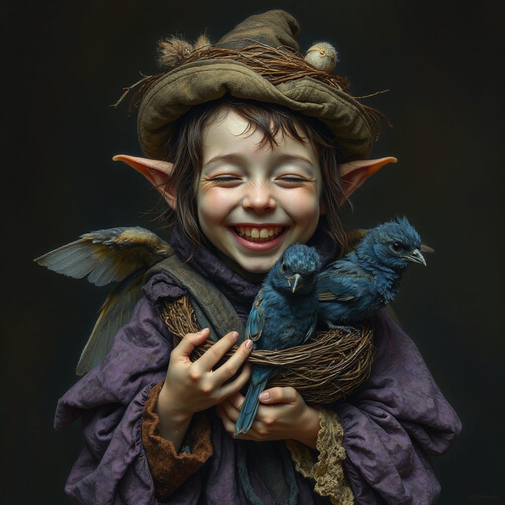 Baby Elf Hobo in Tattered Clothes with Bird's Nest Hat