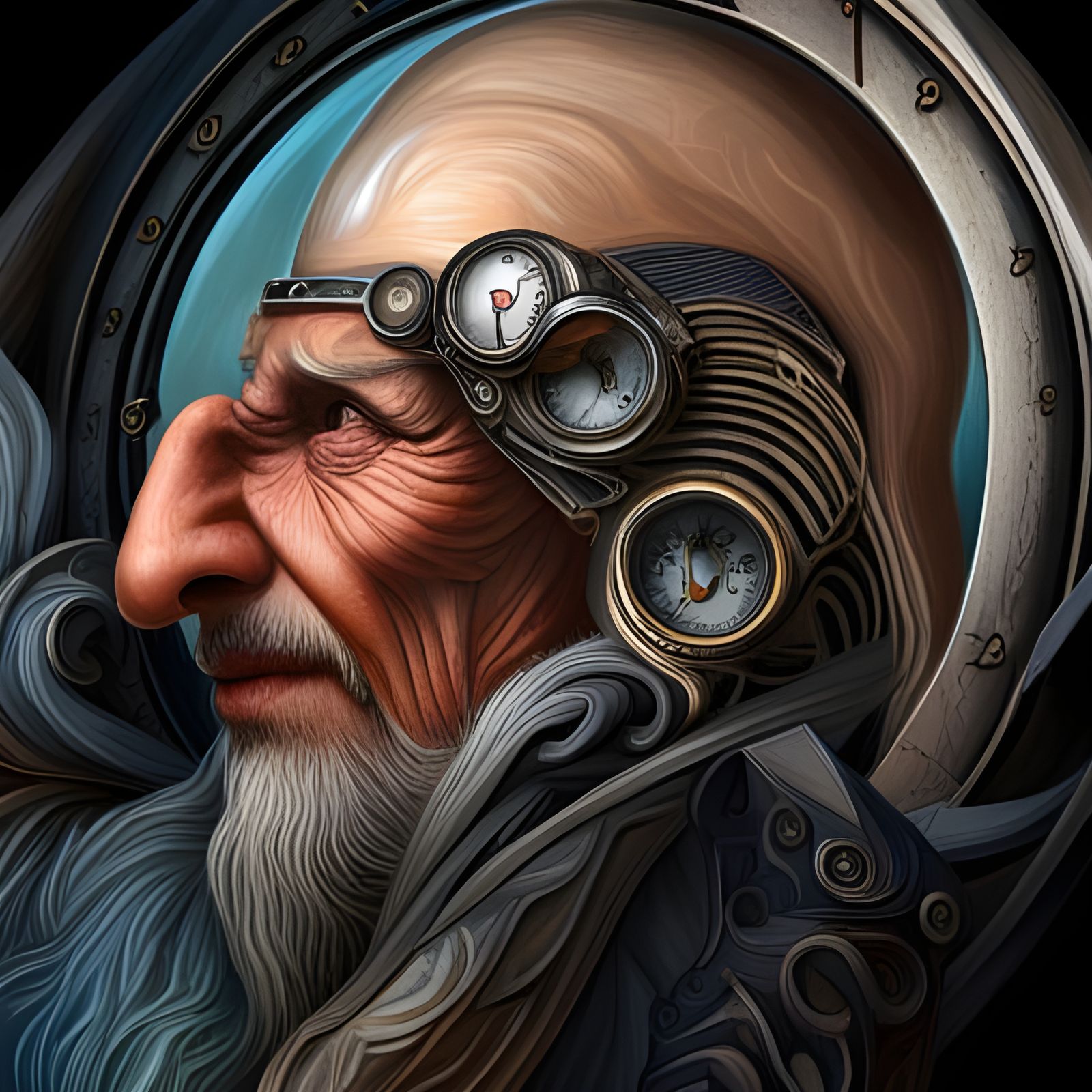 Steampunk Portrait of Father Time with Clockwork Head