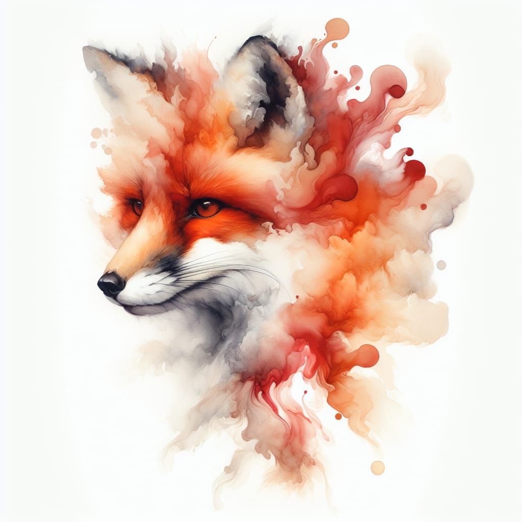 Watercolor Fox Emerging from Dreamlike Flames