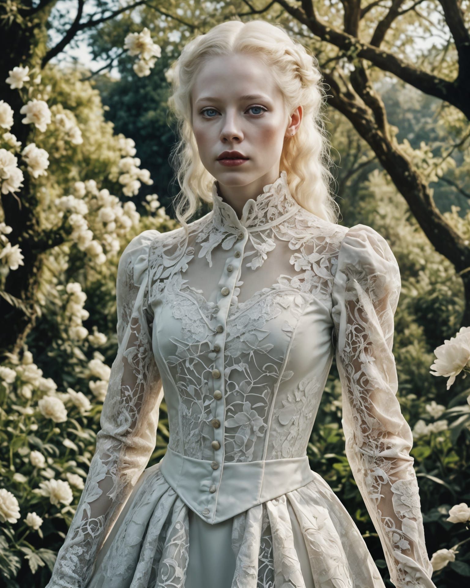 Albino Woman in Victorian Dress in Lush Garden