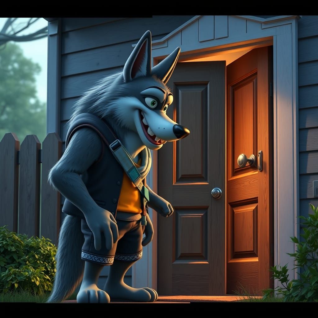 Cartoon Wolf Knocks on Door in Pixar Style