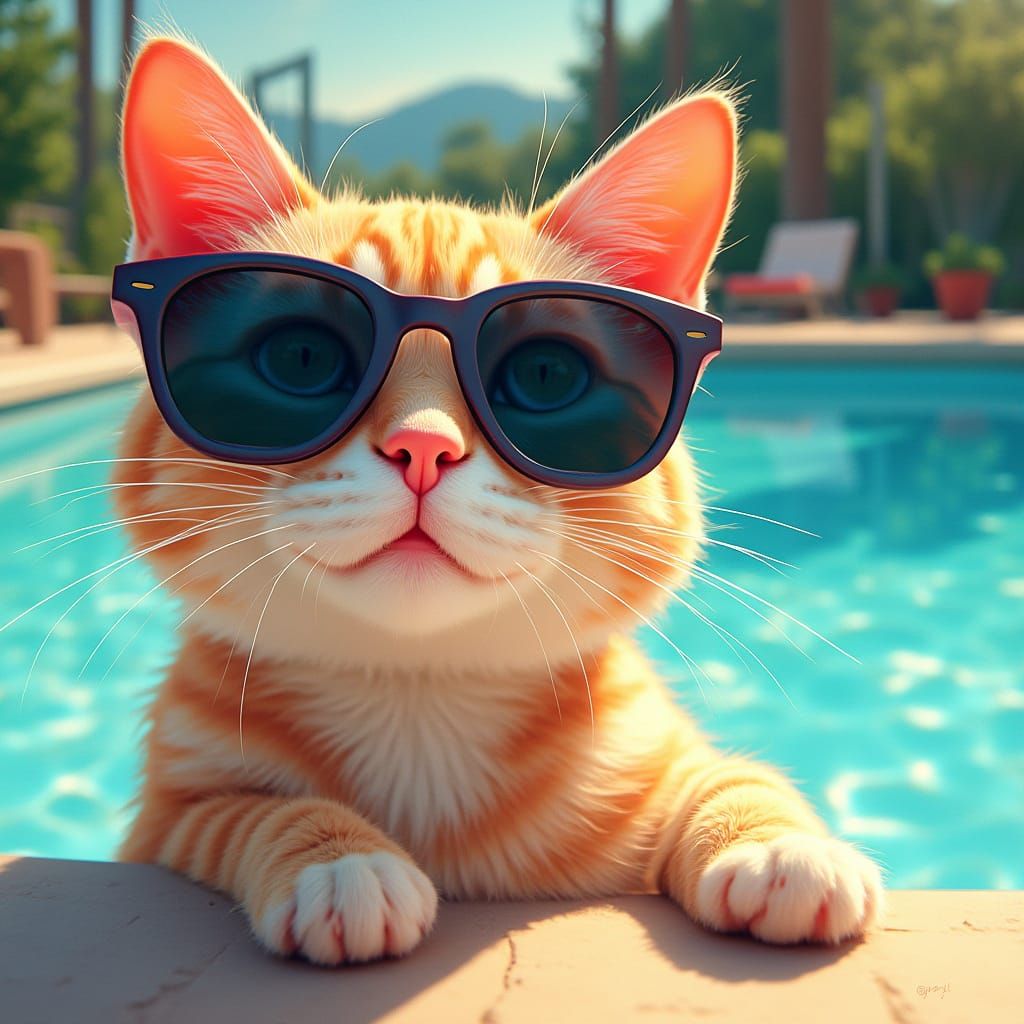 Cool Cat by Summer Pool in Vibrant Colors