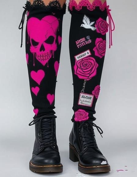 Gothic Punk Socks with Neon Graffiti and Lace, Digital Art