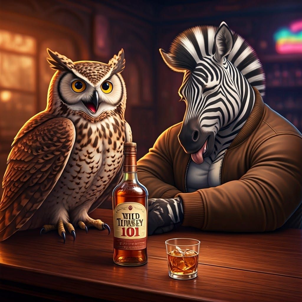 Owl Bartender and Sleeping Zebra in Whiskey Bar