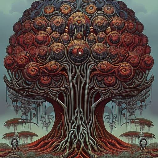 a highly detailed and terrifying digital illustration of melting brains with many small eyes, by Gargoth , Vladimir Cheb...