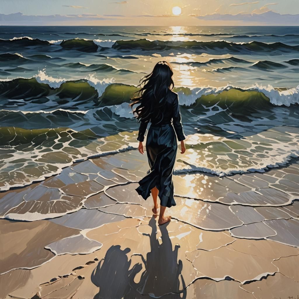 Seascape Painting with Long Shadows in Impasto Style