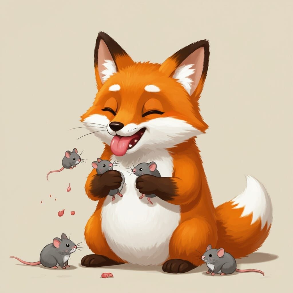 Fat Anthropomorphic Fox Eating Mice