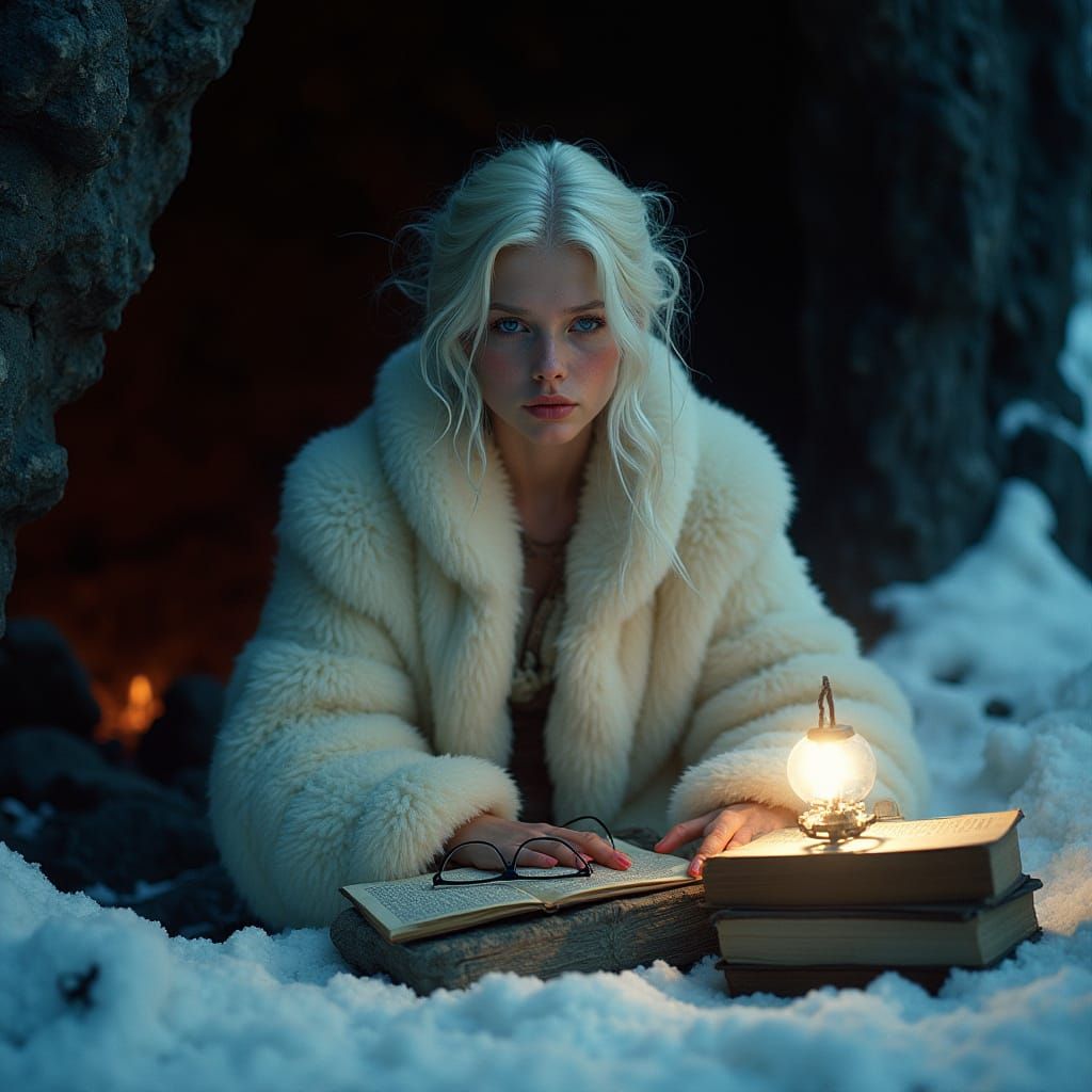 Nordic Woman in Snowy Cave with Modern Relics