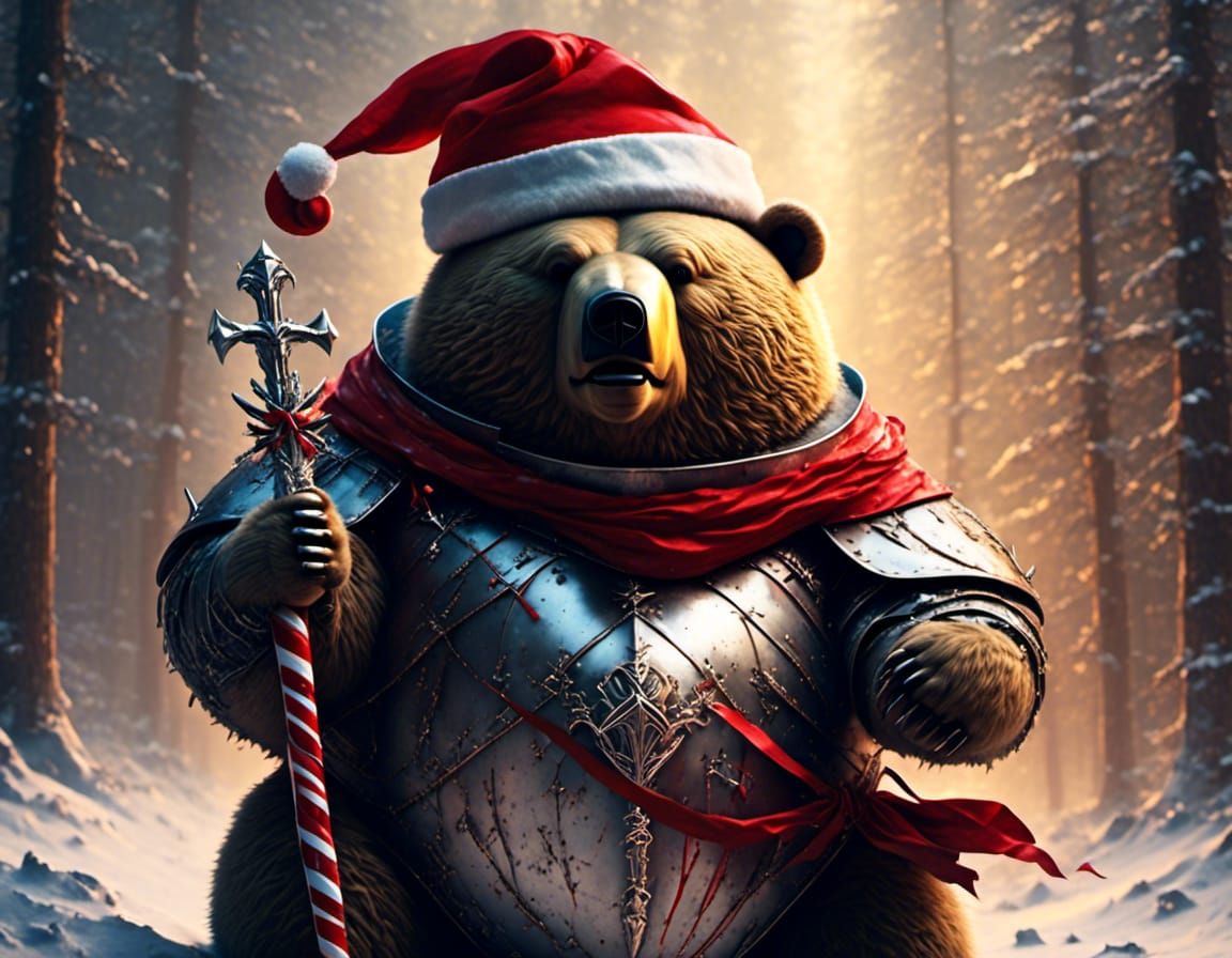 Bear Cub Knight in Christmas Armor