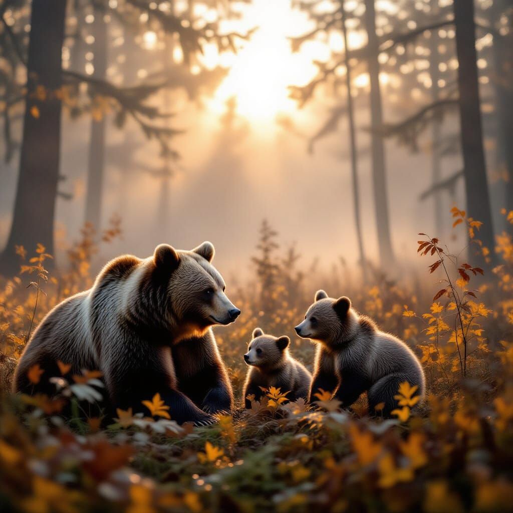 Grizzly Bears in Misty Autumn Forest at Dawn