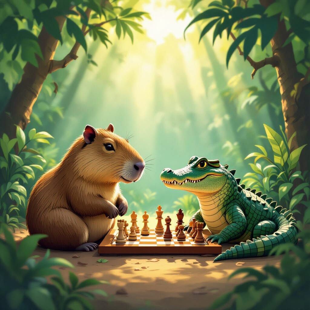 Capybara and Alligator Play Chess in Jungle