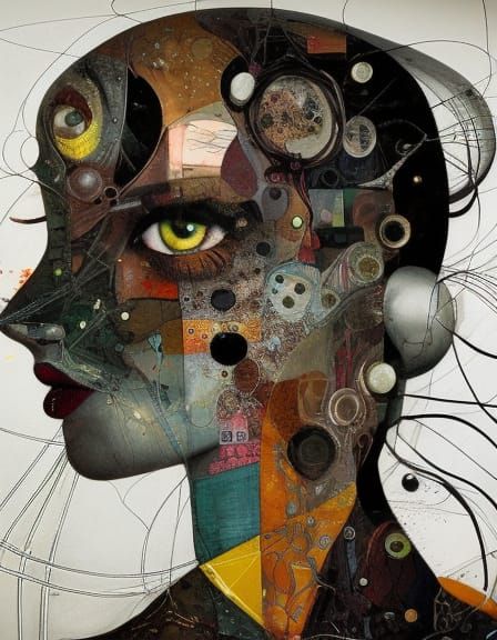 Surreal Geometric Portrait of Woman in Mixed Media Style