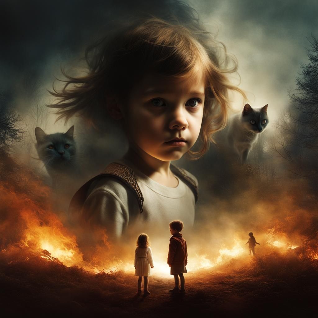 Courageous Child Confronts Dreamlike Monsters: Double Exposu...