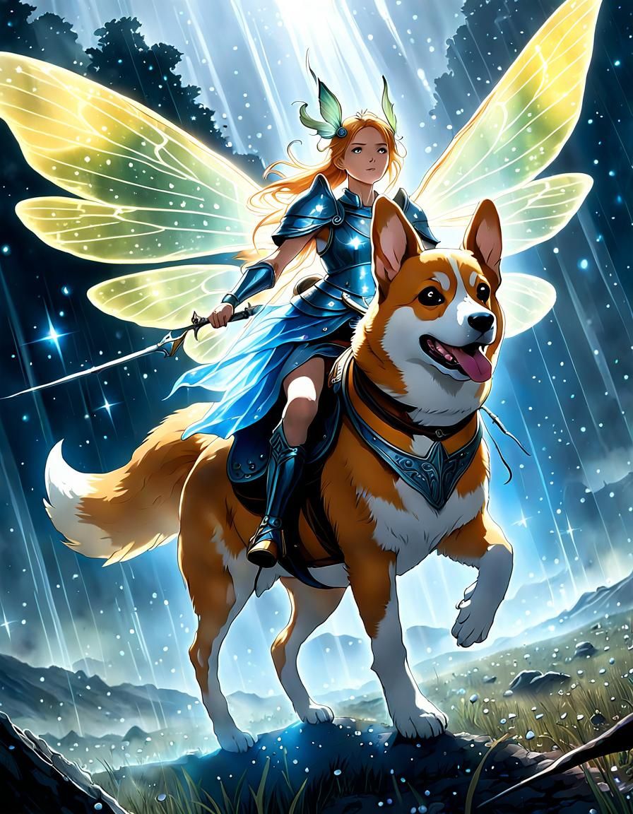 Fairy Rides Corgi into Battle on Desolate Battlefield