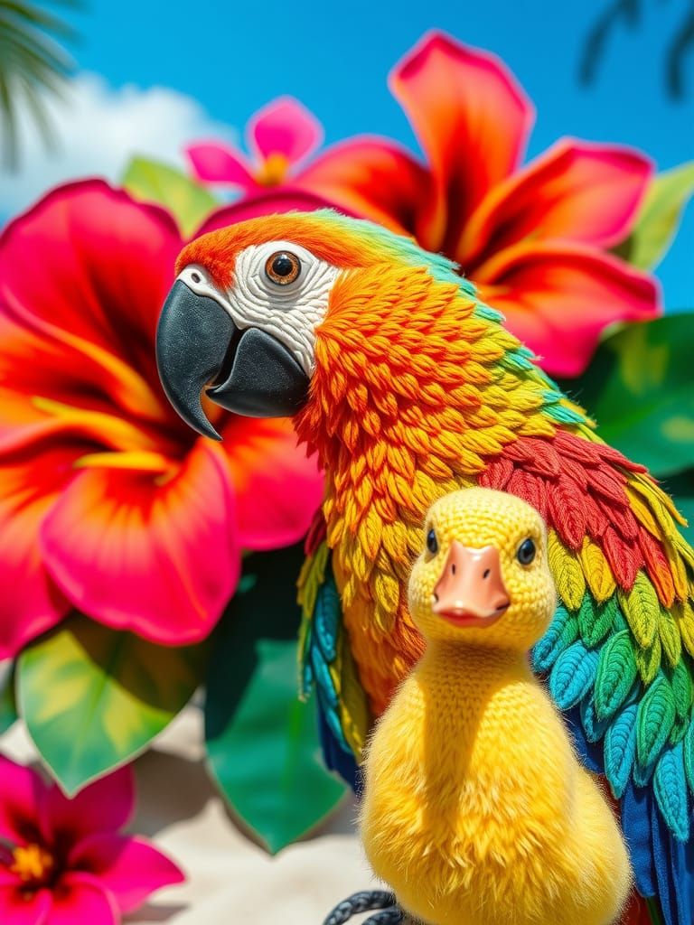 Klimt-Inspired Crochet Parrot in Rainforest Scene
