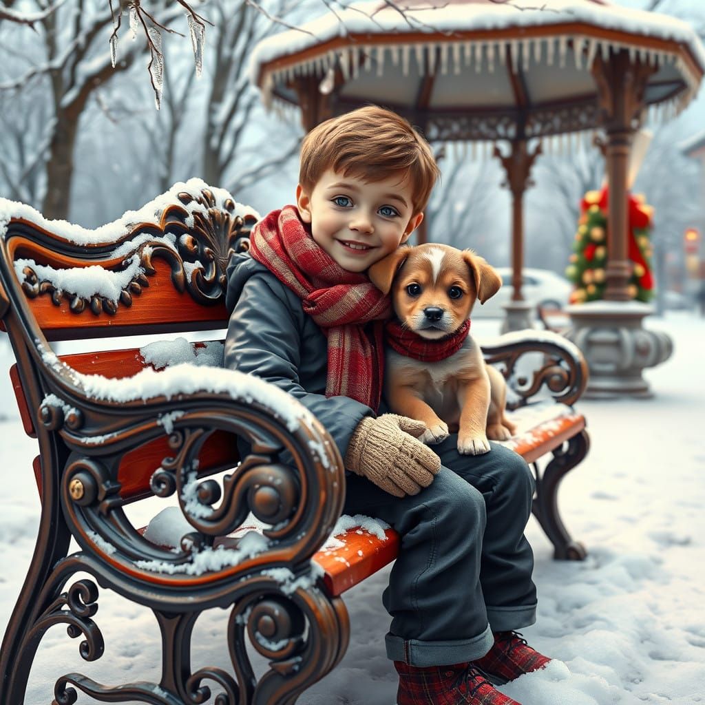 Winter Wonderland Scene with Boy and Puppy