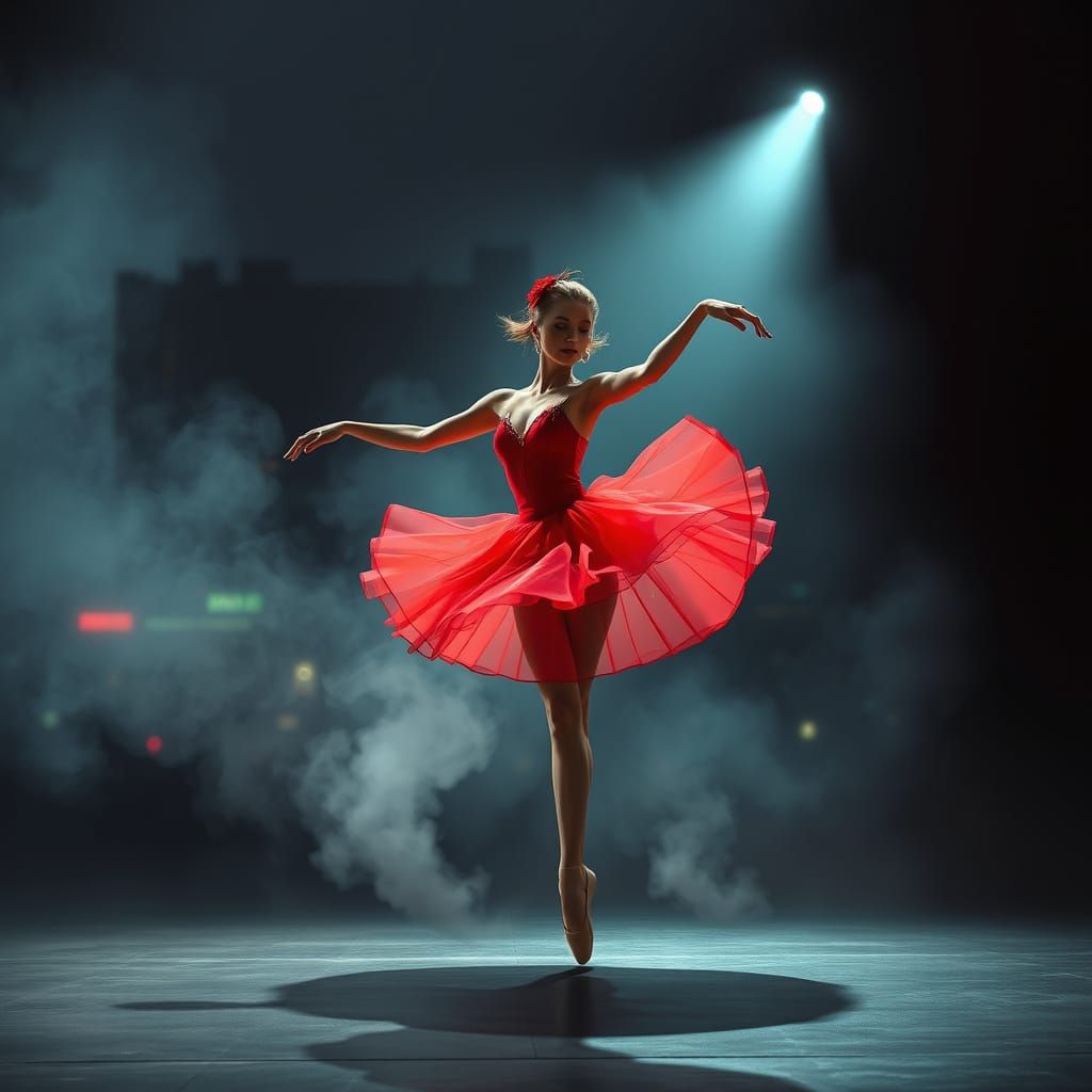 Ballerina in Red Tutu: Digital Art on Stage