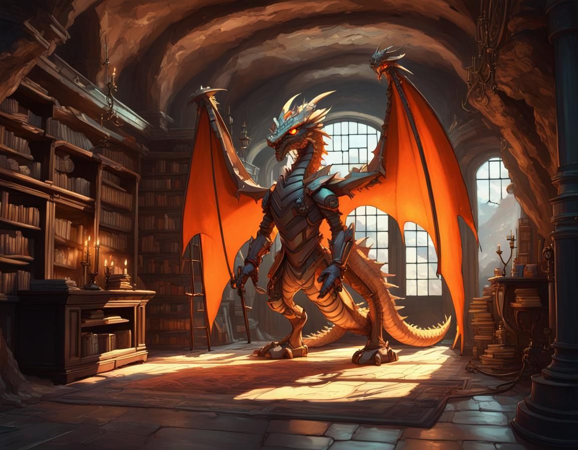 Robotic orange dragon in a library