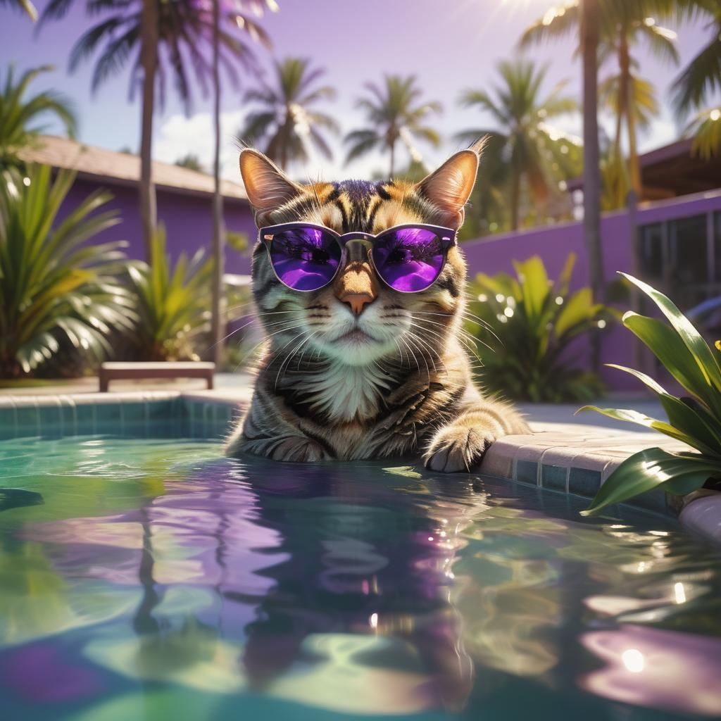 Cat with Sunglasses at Poolside in Oil Painting Style
