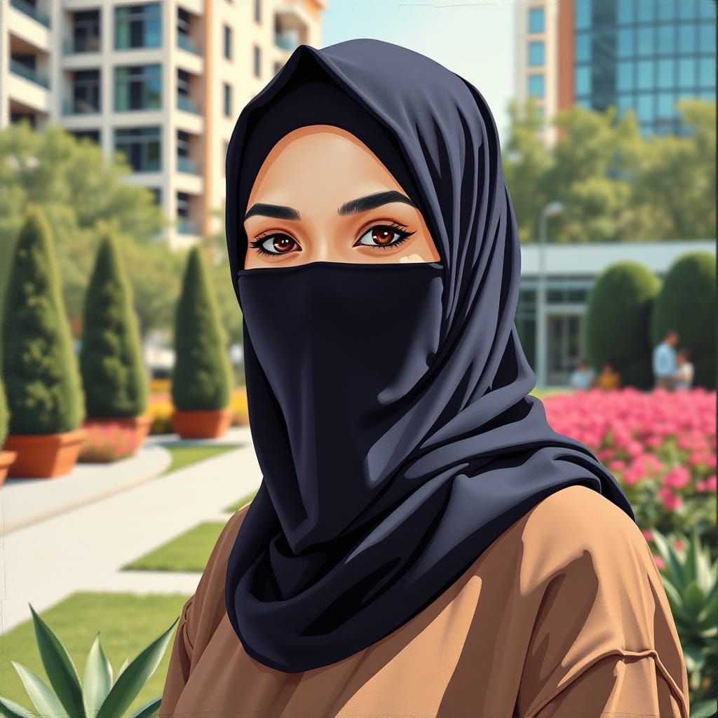 Minimalist Painting of a Niqabi Woman in City Garden