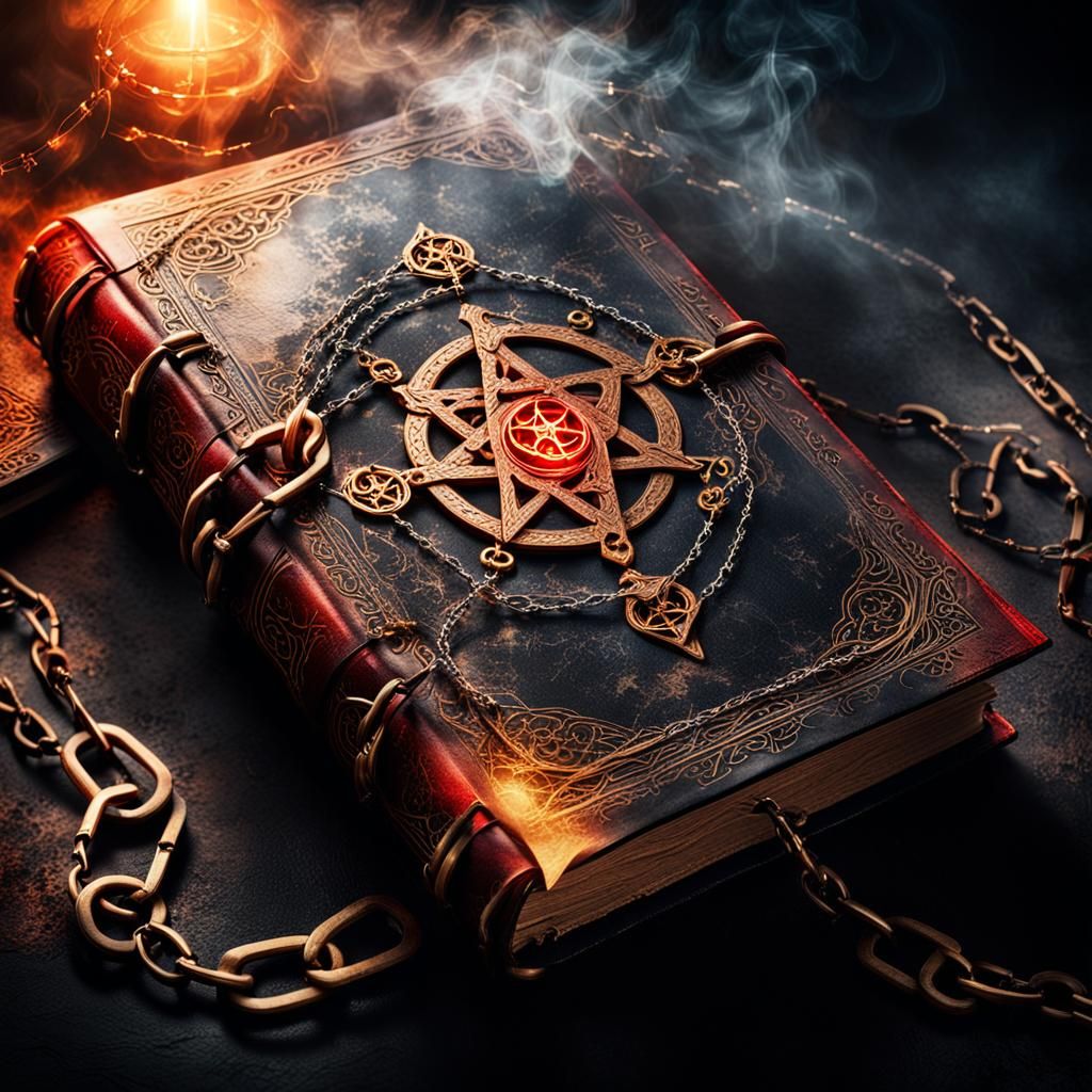Floating spell book chained shut by divine and infernal chai...