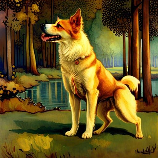 Dog Fetching in Woodland Scene, Classical Style