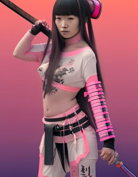 Cyberpunk Samurai Girl with Oni Mask in 3D Art