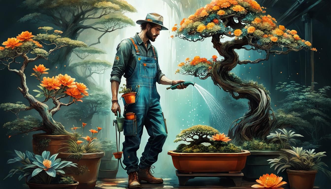 Cosmic Gardener Watering Bioluminescent Bonsai Tree