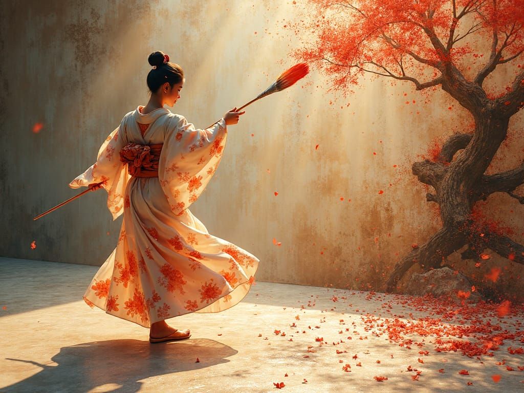 Japanese Princess Painting Calligraphy in Impasto Style