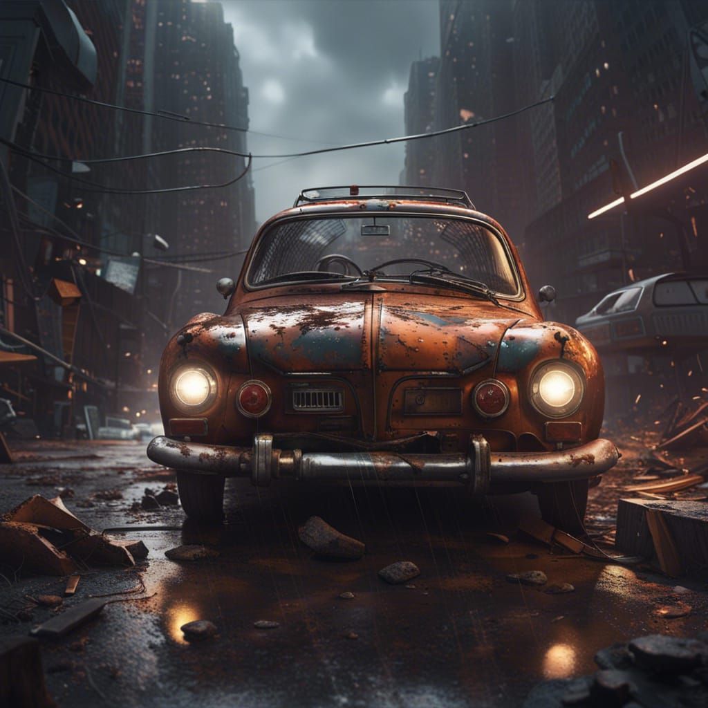 Wrecked Saab 96 in Cyberpunk Cityscape