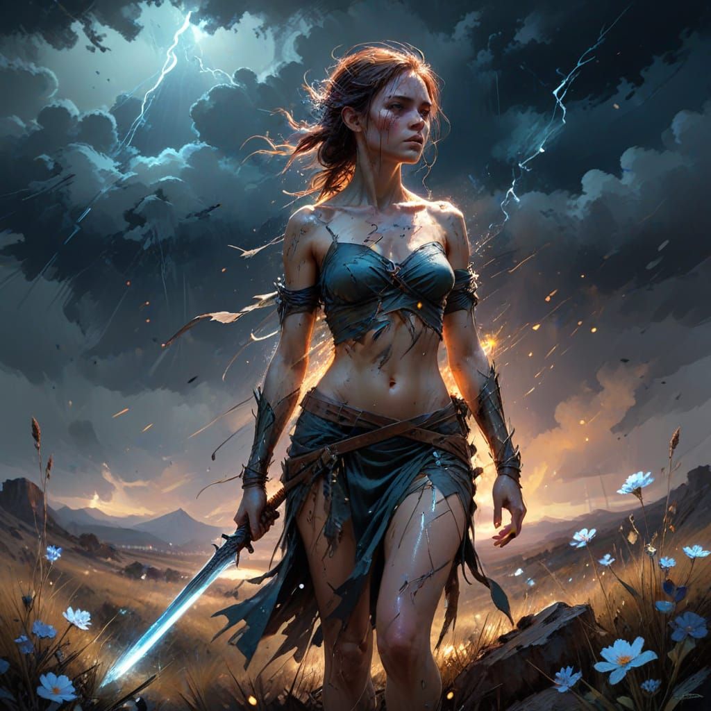 Warrior Gazing at Stormy Sky in Dramatic Fantasy Art