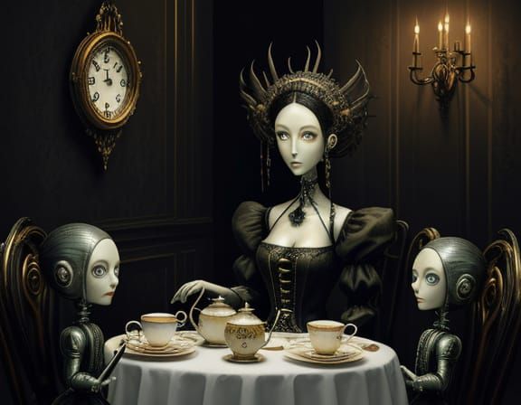 Surreal Doll Tea Party with Clockwork Mechanisms