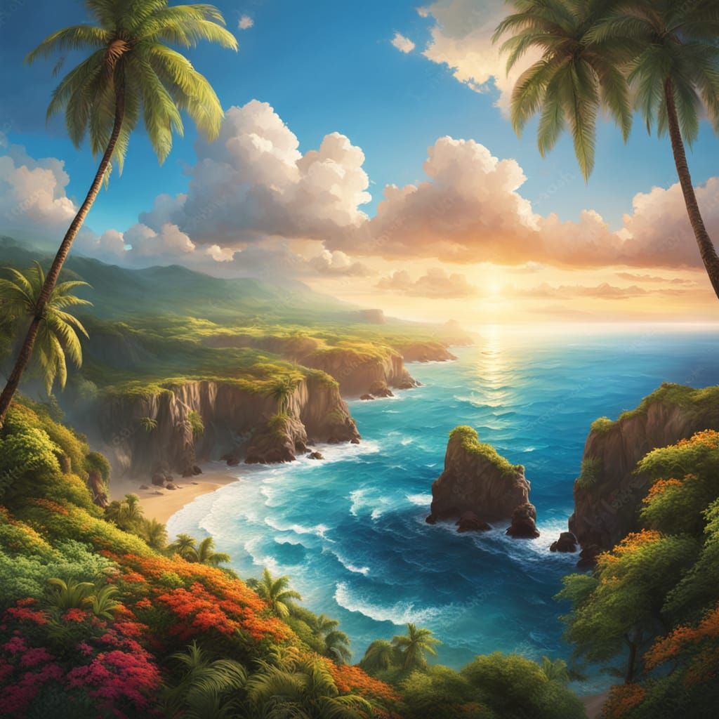 Tropical Paradise Landscape in Vibrant Oil Painting Style