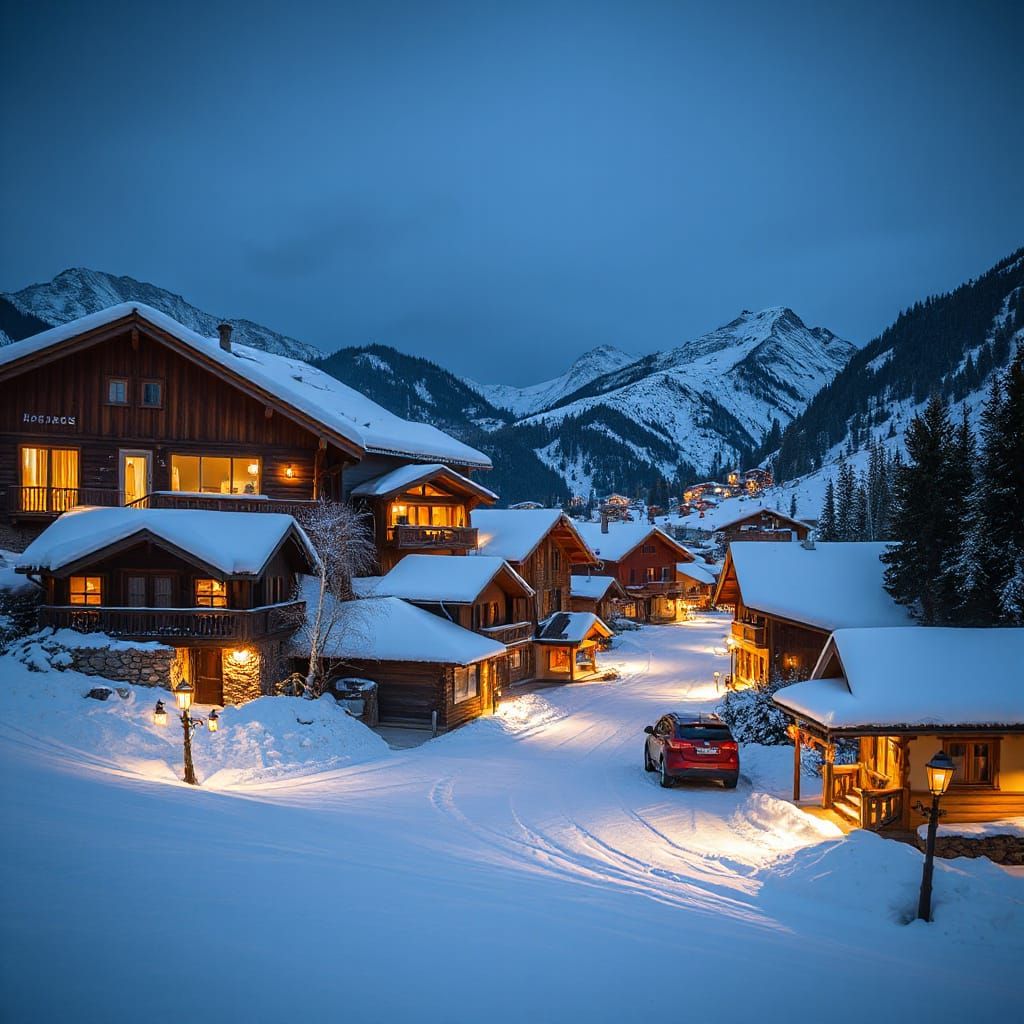 Snowy Alpine Village Aglow with Lanterns at Night