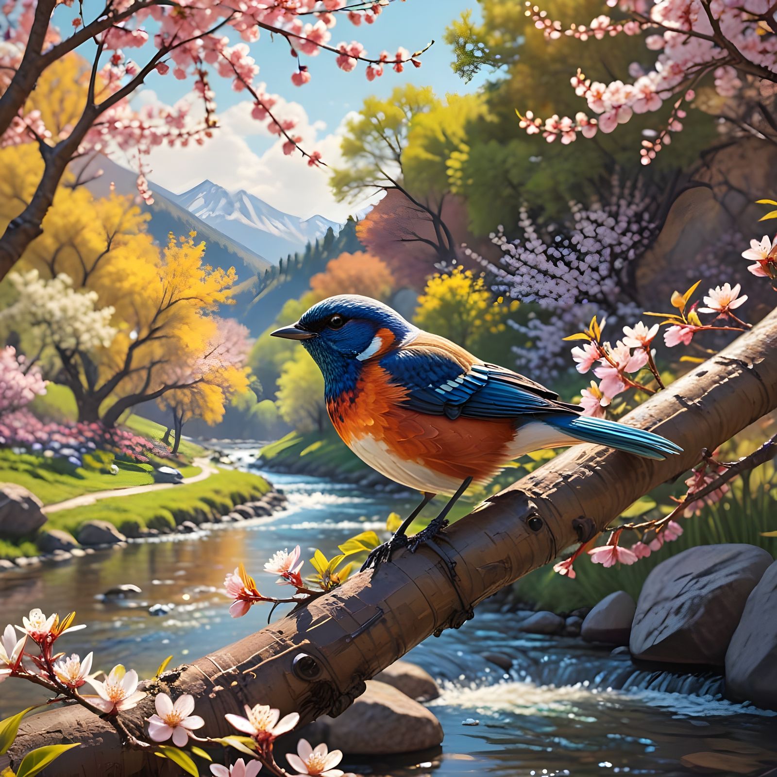 Colorful Bird in Blossoming Cherry Tree Valley
