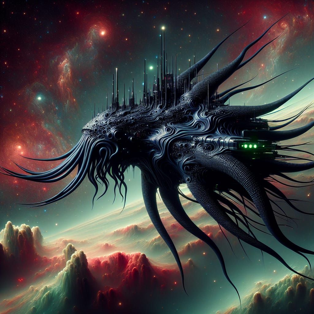 Fantastical Black Sea Creature Spaceship in Space