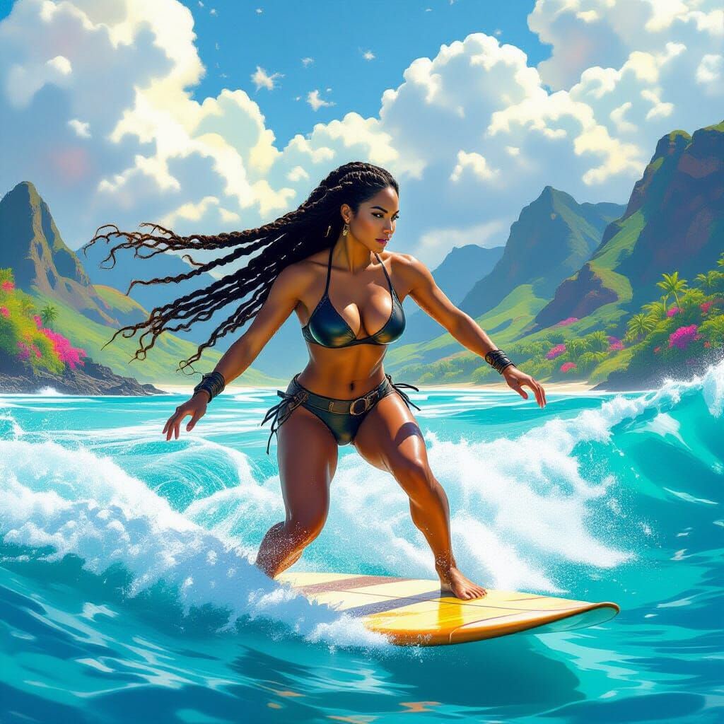 Hawaiian Surfer Girl on Enchanted Coastline, Classical Style