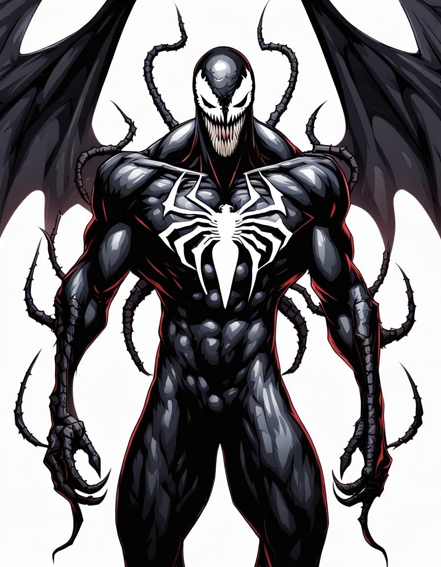 Venom with White Spider Symbol and Demonic Wings