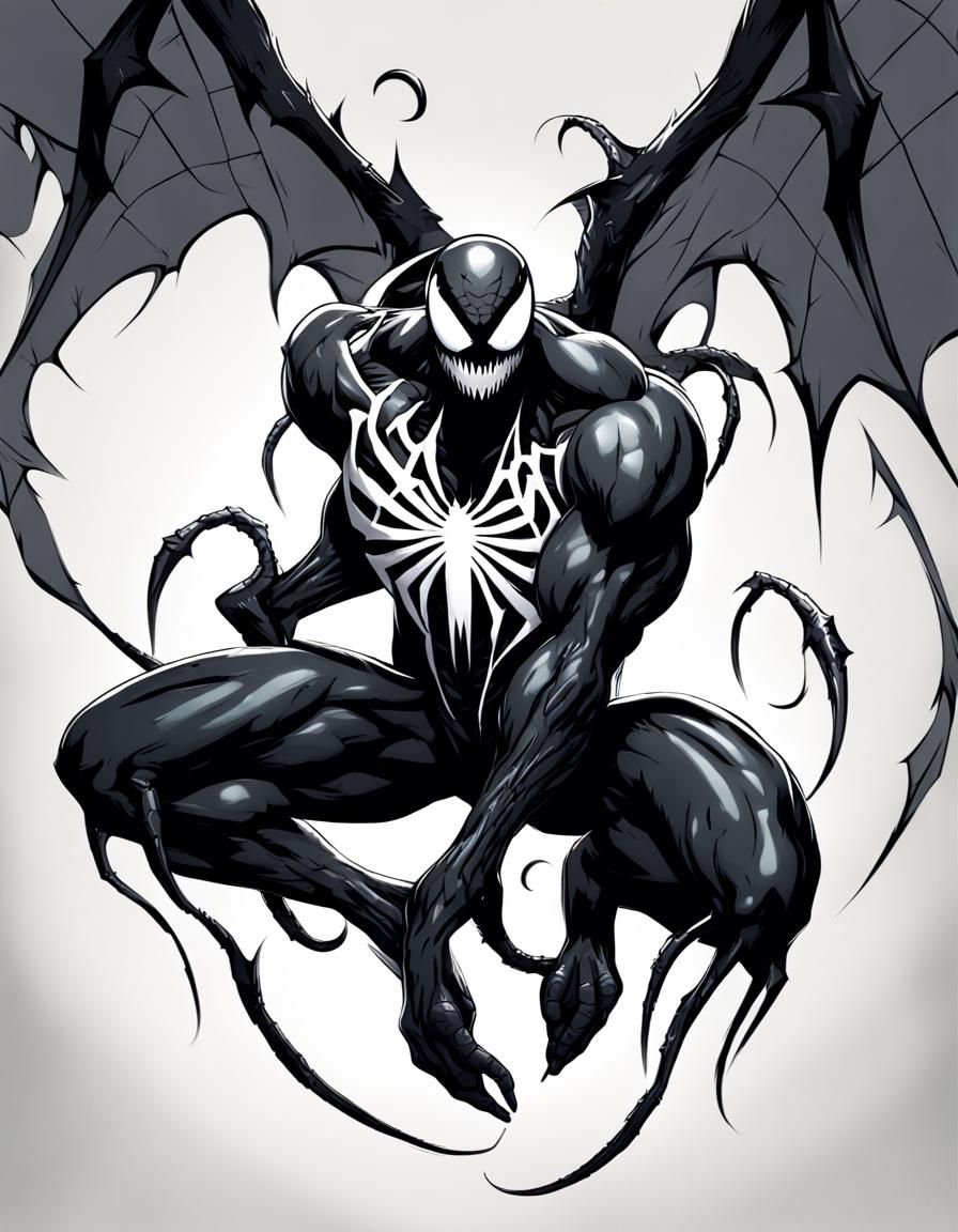 Venom with White Spider Symbol and Demonic Wings
