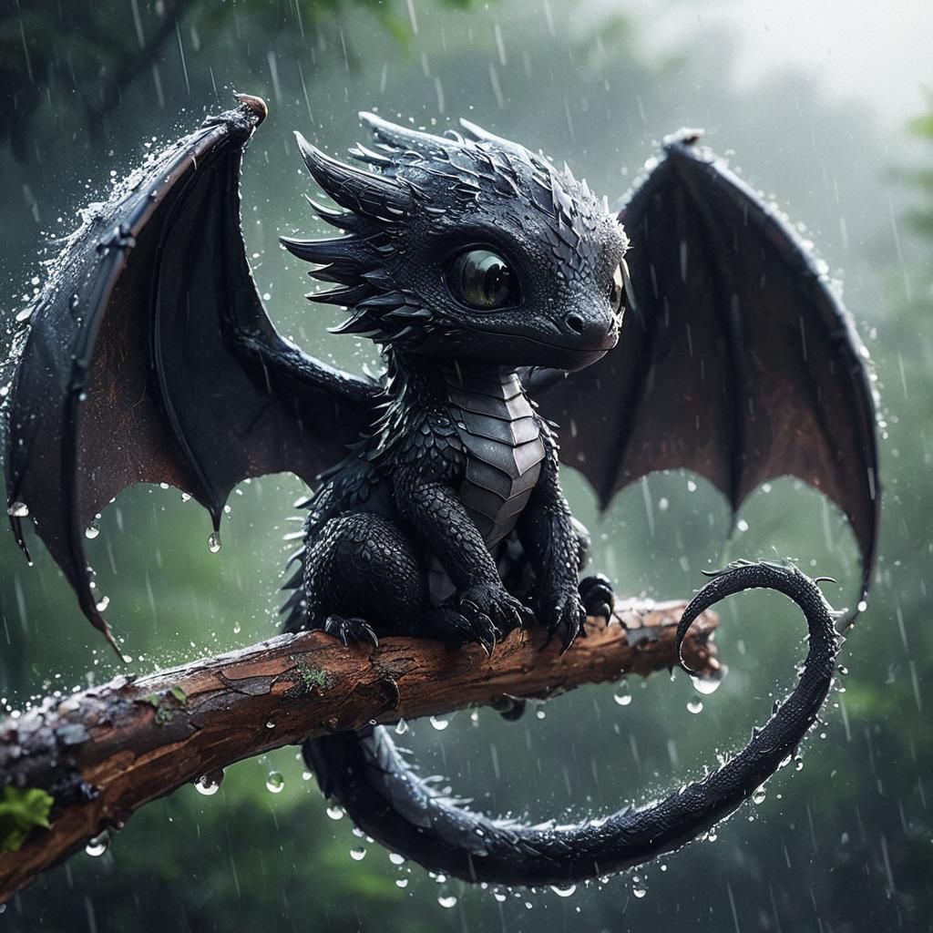 Adorable Tiny Black Dragon in Anime Style