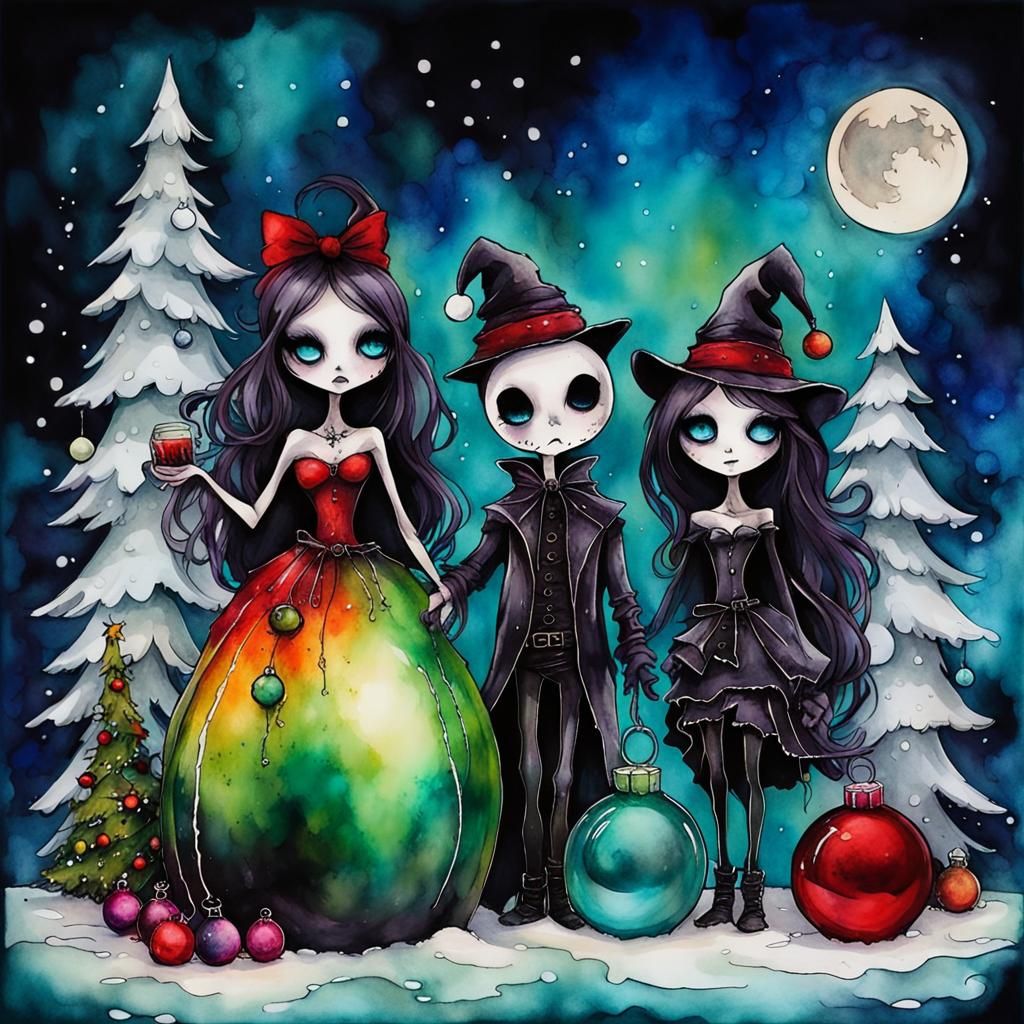 Whimsical Goth Christmas Scene in Alcohol Inks
