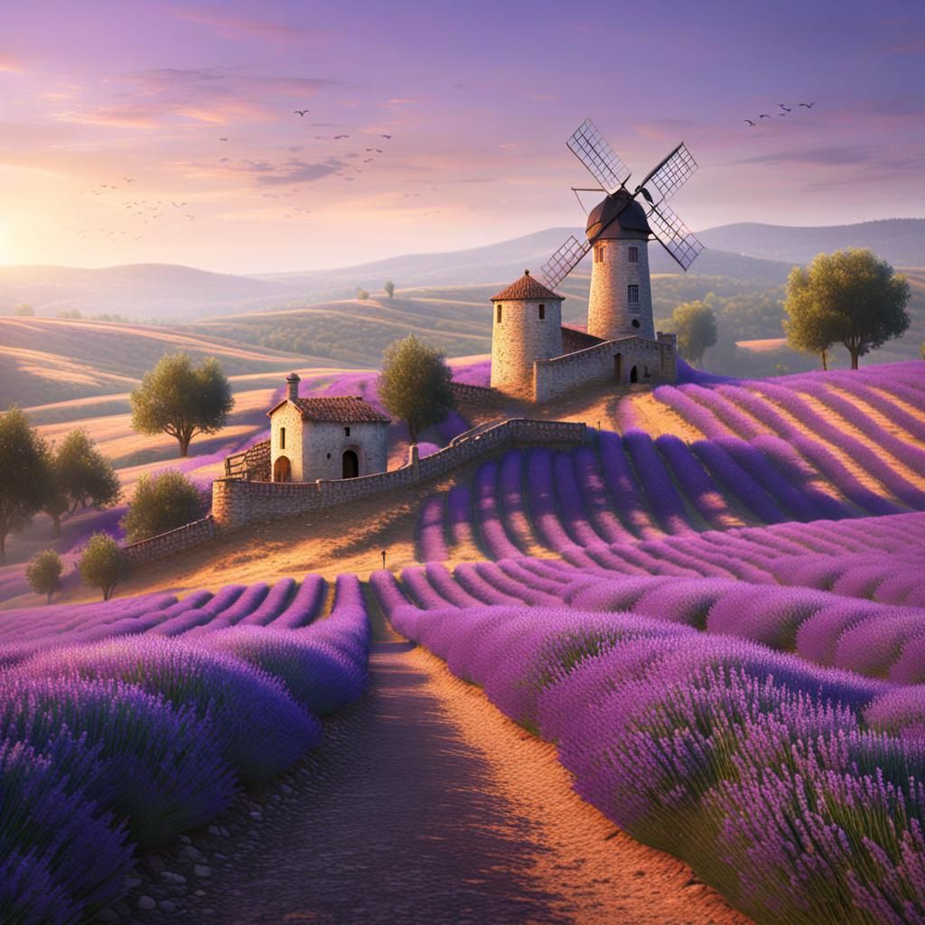 Lavender Fields with Windmill: Provence Matte Painting