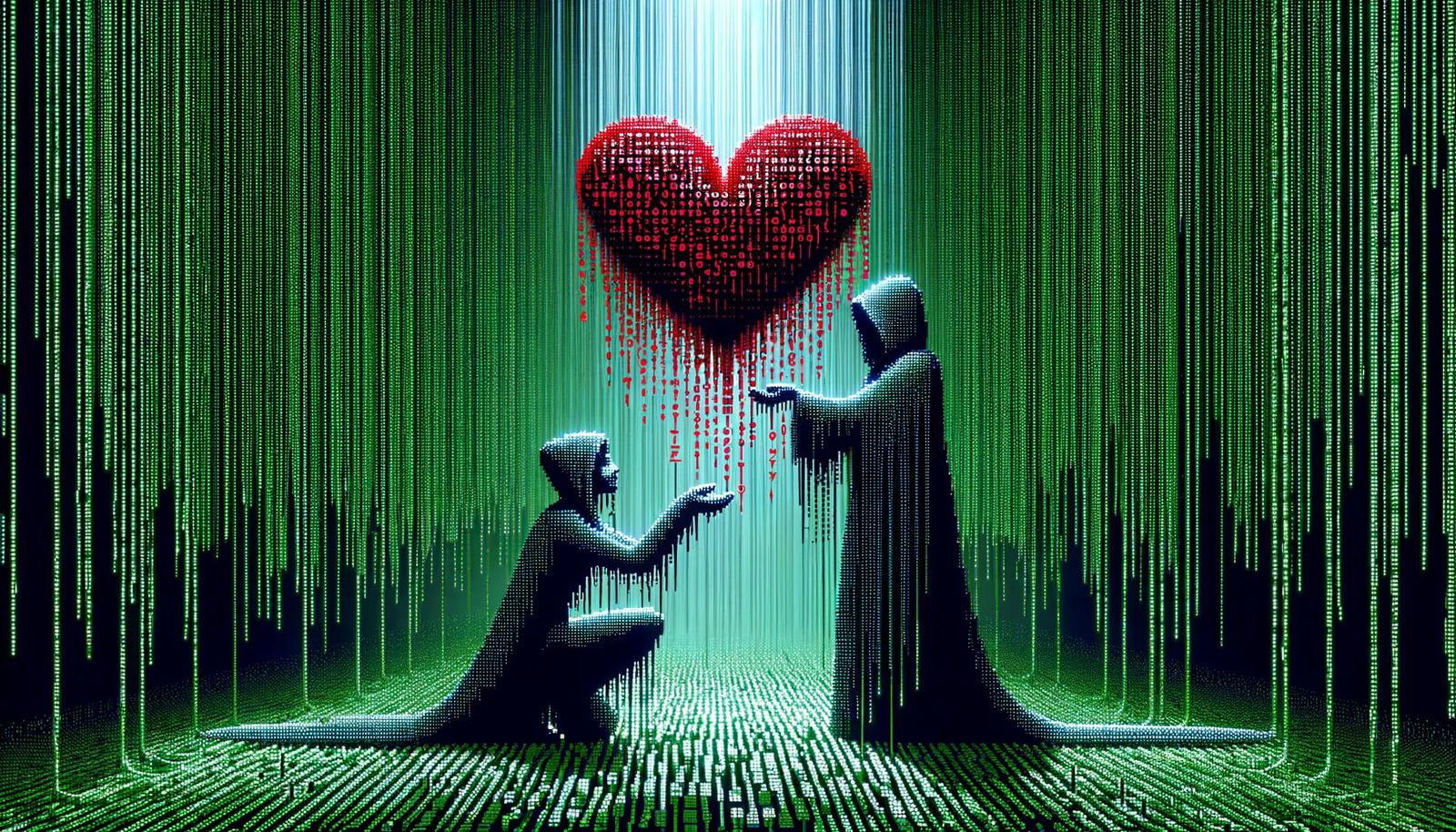 Code World Couple Embracing in Digital Rain