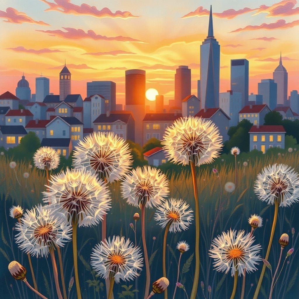 Whimsical Cityscape with Glowing Dandelions at Dusk
