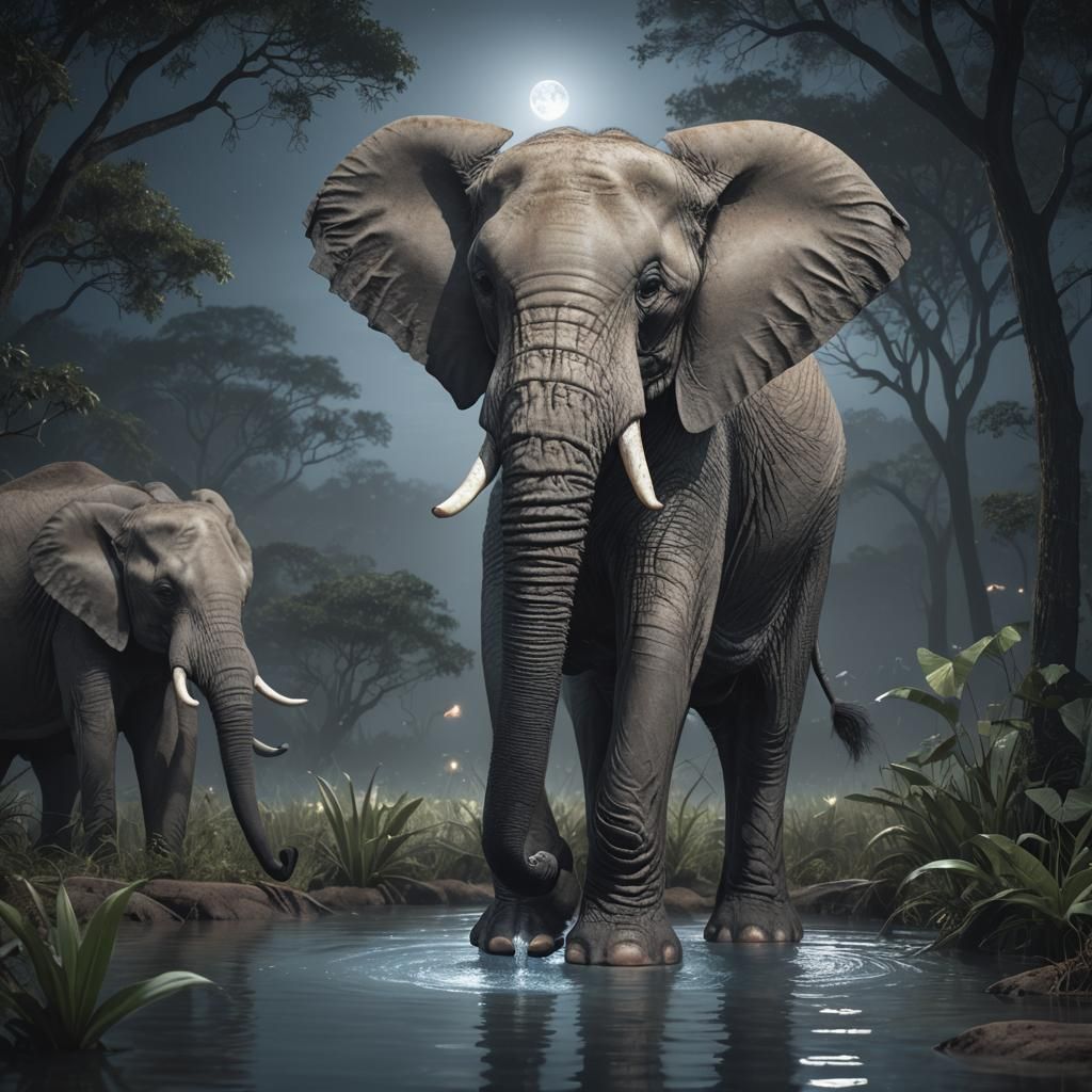 Elephant at Jungle Waterhole in Hyperrealistic Wildlife Art